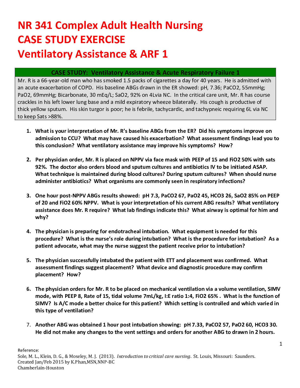 Preview image of NR-341 Week 2 Case Study Exercise Ventilatory Assistance & ARF 1 document